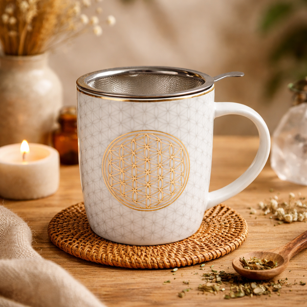 Theemok Met Zeef Bloem Des Levens Bone China Porselein ±400 Ml