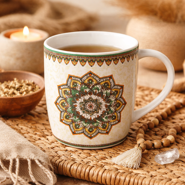 Theemok Met Zeef Mandala Bone China Porselein Groen ±400 ml