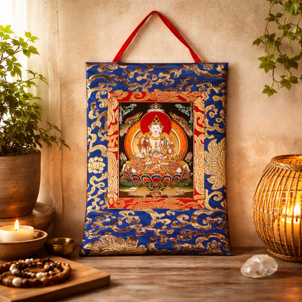 Thangka Vajrasattva Geprint Met Brokaat Omlijsting Uit Nepal