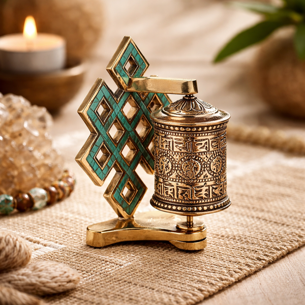 Gebedsmolen Met Oneindige Knoop En Om Mani Pad Me Hum Mantra Koper Turquoise/Groen