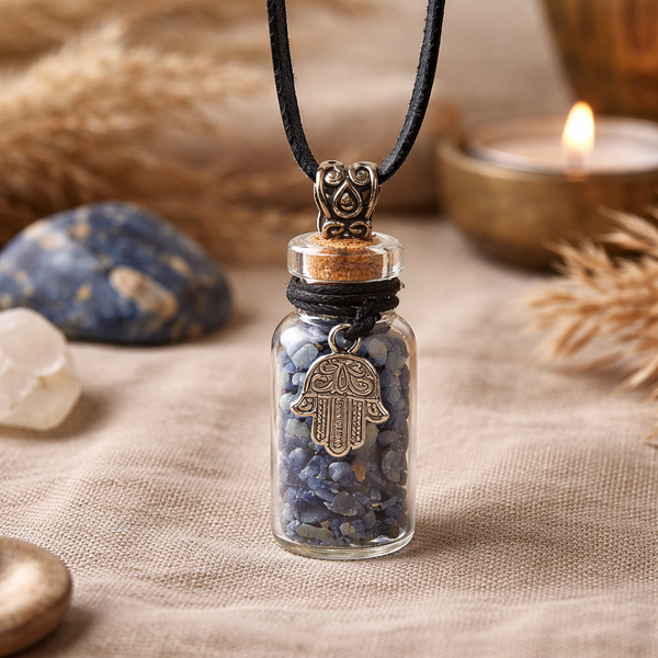 Geschenkflesje Met Lapis Lazuli En Khamsa Aan Lederen Koord 3.6 cm