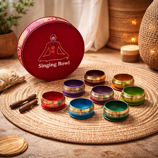 Klankschalen Set 7 Chakra's Metalen Gekleurd 8 cm Incl. Draagtas