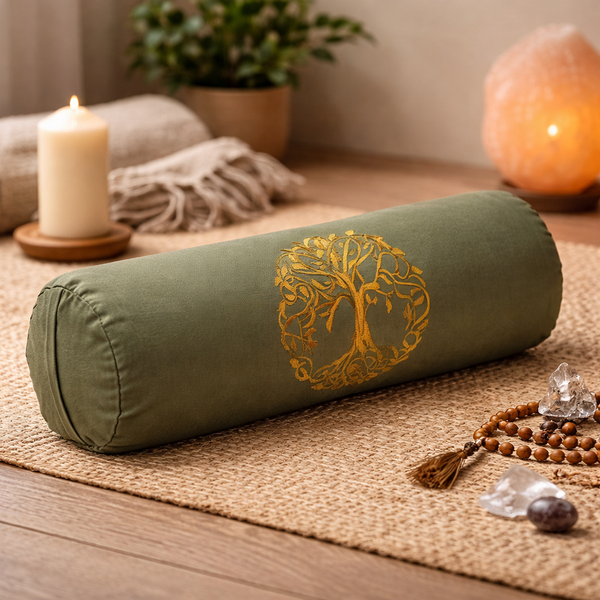 Yoga Bolster Levensboom 100% Biologisch Katoen Groen Rond 60 x 16 cm