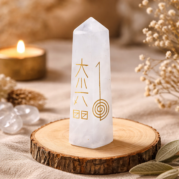 Bergkristal Obelisk Met Gegraveerde Reiki Symbolen 7-10 cm