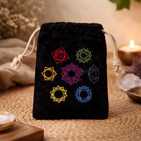 Tasje Met 7 Chakra Symbolen Van Katoenfluweel 19 x 13 cm