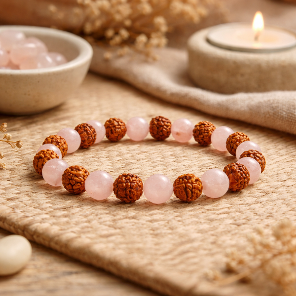 Armband Rudraksha Zaden Rozenkwarts Elastisch 7mm Kralen