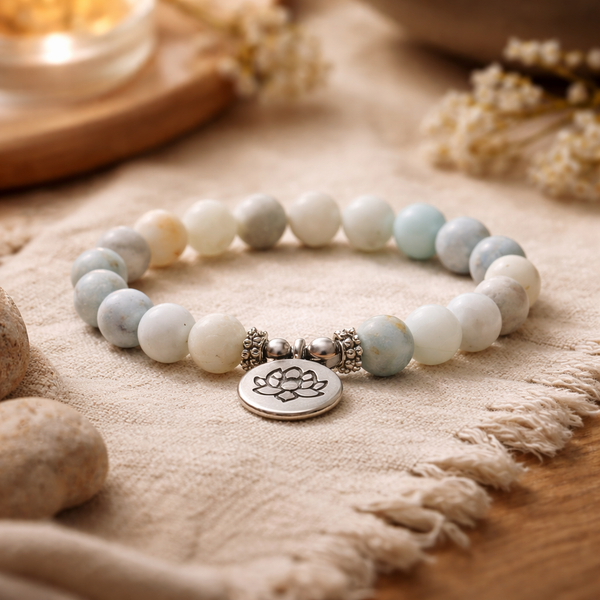 Edelsteen Armband Mala Amazoniet Met Lotus Geregen Op Elastiek