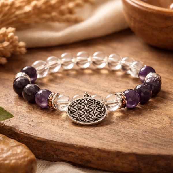 Armband Met Bergkristal En Amethist En Bloem Des Levens Bedel