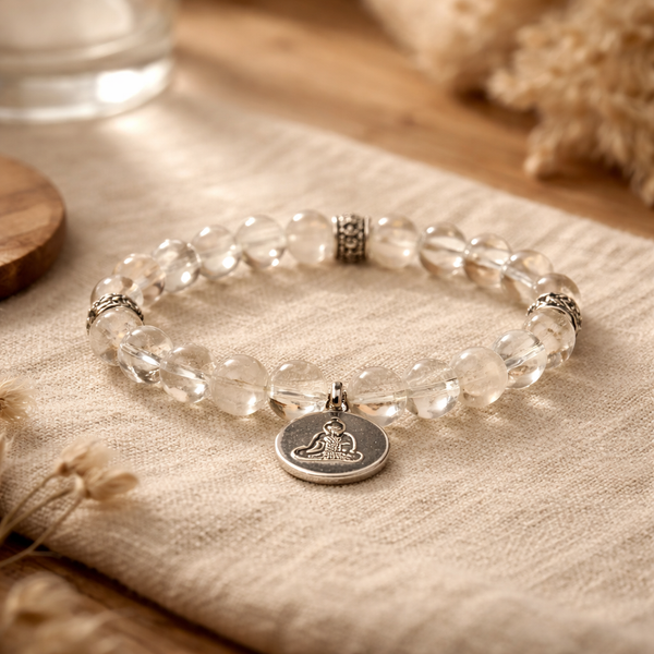 Armband Mala Elastisch Met 21 Kralen Bergkristal En Boeddha Bedeltje
