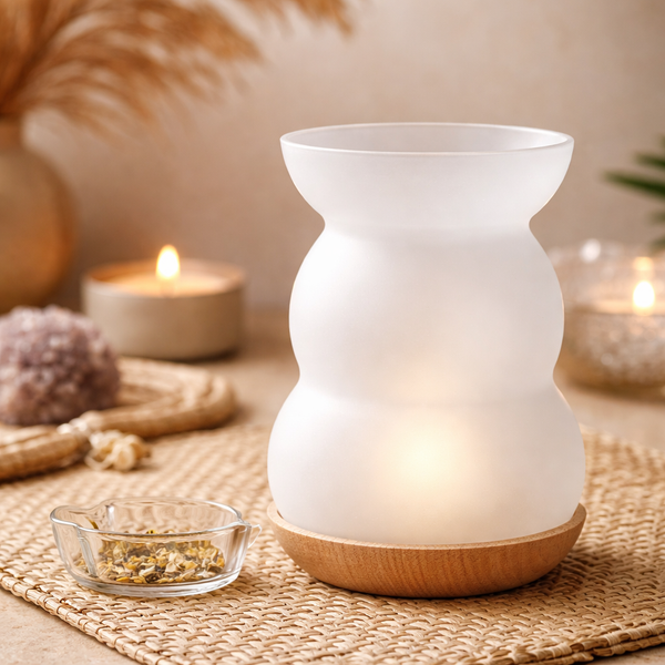 Aromalamp Wierookbrander Met Bloem Des Levens Van Mondgeblazen Glas En FSC Essenhout