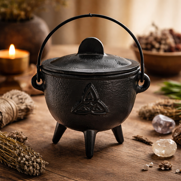 Cauldron Heksenketel Met Triquetra Symbool Gietijzer Zwart Met Hengsel