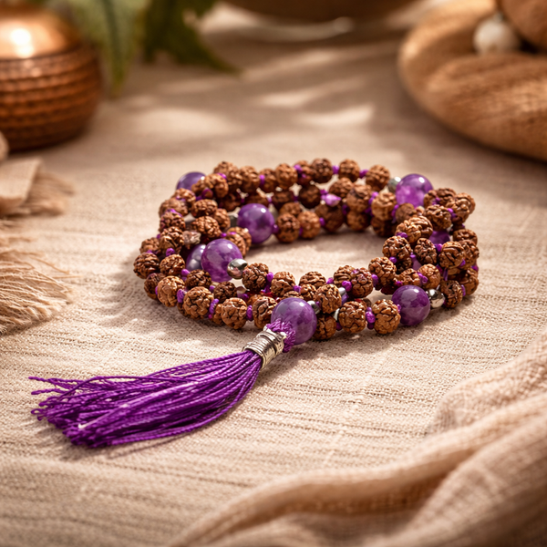 Mala Rudraksha En Amethist Met Paarse Kwast