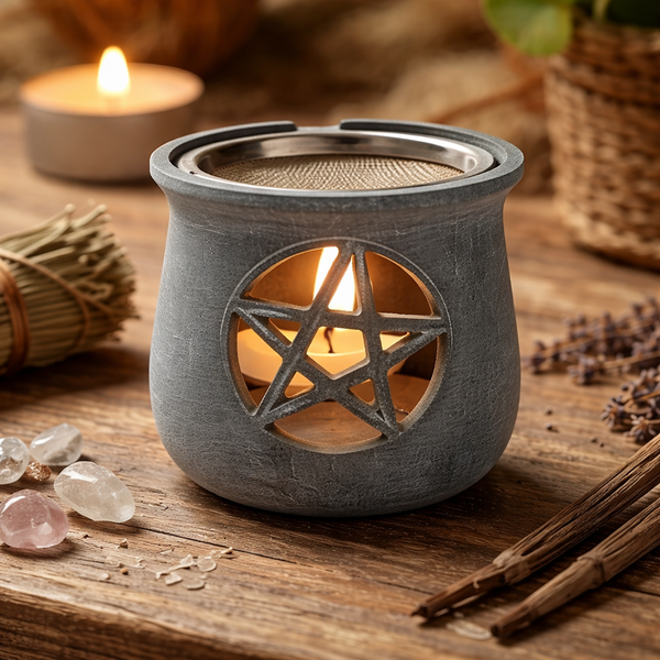 Wierookbrander Pentagram Zeepsteen Grijs Met RVS Zeef 8 cm