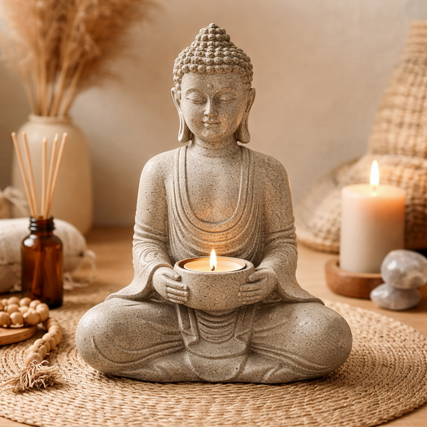 Meditatie Boeddha Met Kaarshouder Steengrijs Polyresine 27 cm