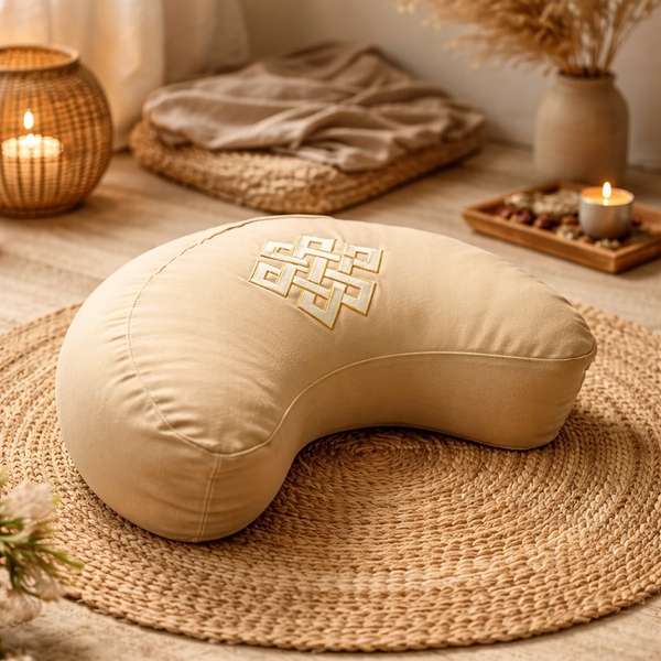 Meditatiekussen Halve Maan Oneindige Knoop Beige Biokatoen OCS 37x17x13 cm