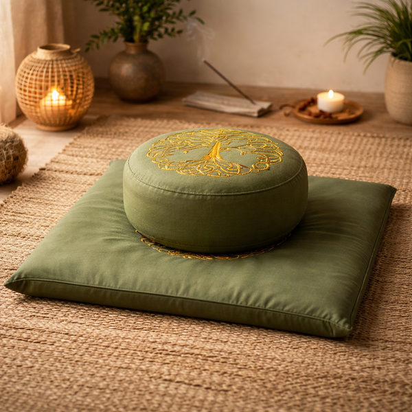 Meditatie Set Levensboom Biologisch Katoen Groen/Goud 65x65x5 cm