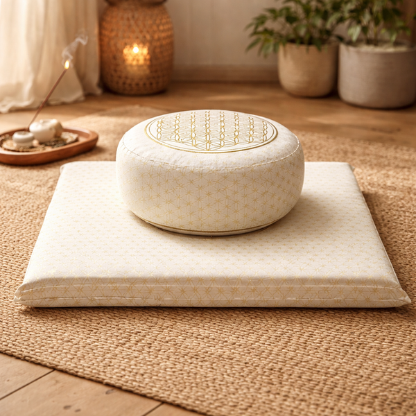 Meditatie Set Bloem Des Levens Biologisch Katoen Wit/Goud 65x65x5 cm