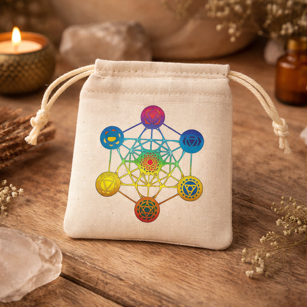 Cadeauzakje Natuurlijk Katoen Kubus Van Metatron Met Sluitkoord 10x11cm