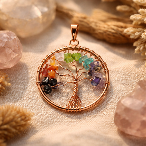 Hanger Levensboom Chakra Met 7 Mineralen Messing Koperkleurig 4 cm