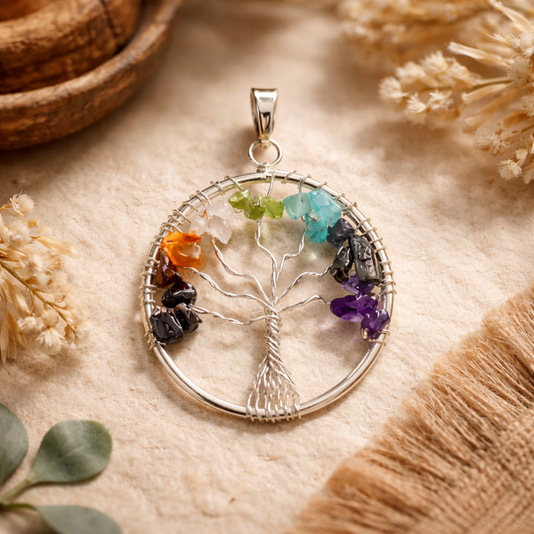 Hanger Levensboom Met 7 Chakra Mineralen Messing Zilverkleurig 4 cm