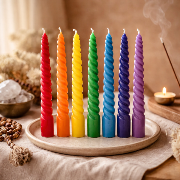 Dinerkaarsen Set Gedraaide 7 Chakra Palmpitwas 23 cm