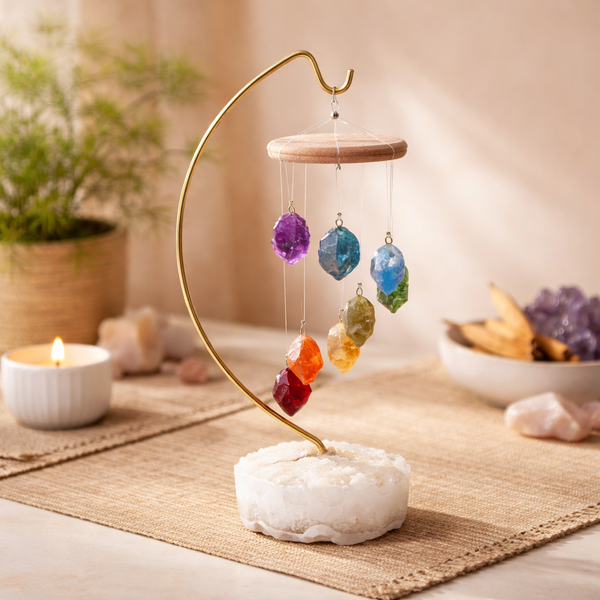 Mobiele 7 Chakra's Met Ruwe Halfedelstenen Op Apophyliet Voet ± 23x15.5cm