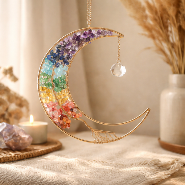 Suncatcher Halvemaanvorm Met Levensboom Van Koperkleurige Draad En Chakra-stenen 28.5x16.5 cm
