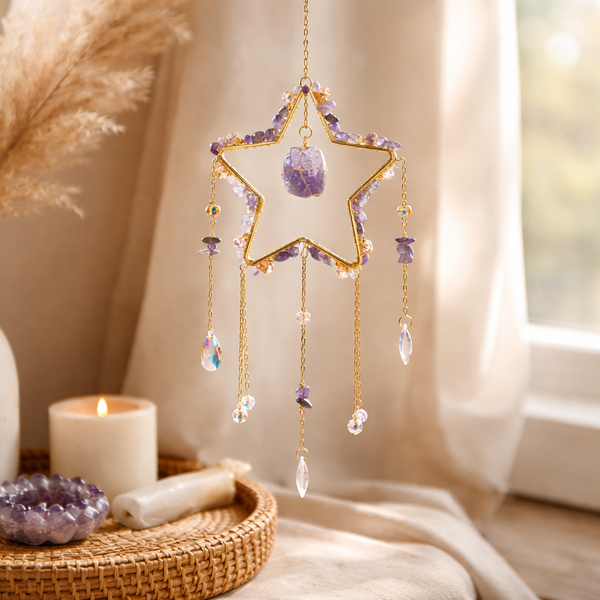 Suncatcher Ster Goudkleurig Metalen Frame Met Amethist 12x34 cm
