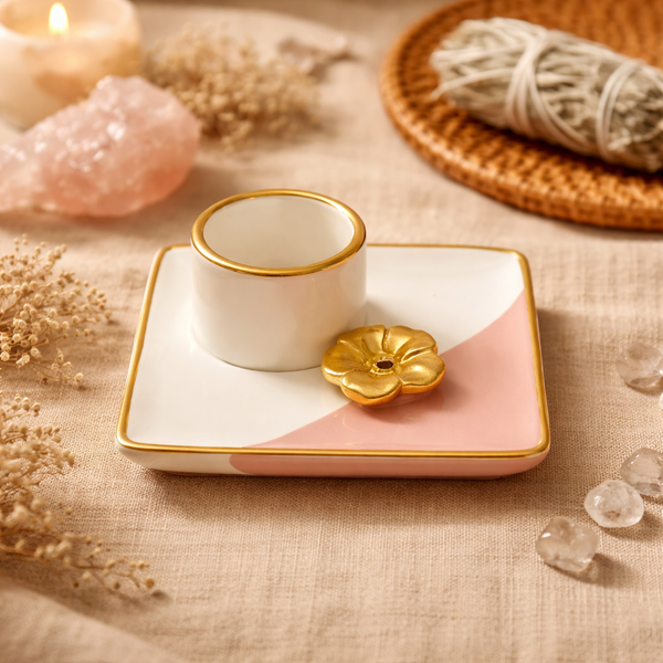 Keramische Smudge En Wierook Brander Bloem Roze Wit Goud 12x12x5 cm