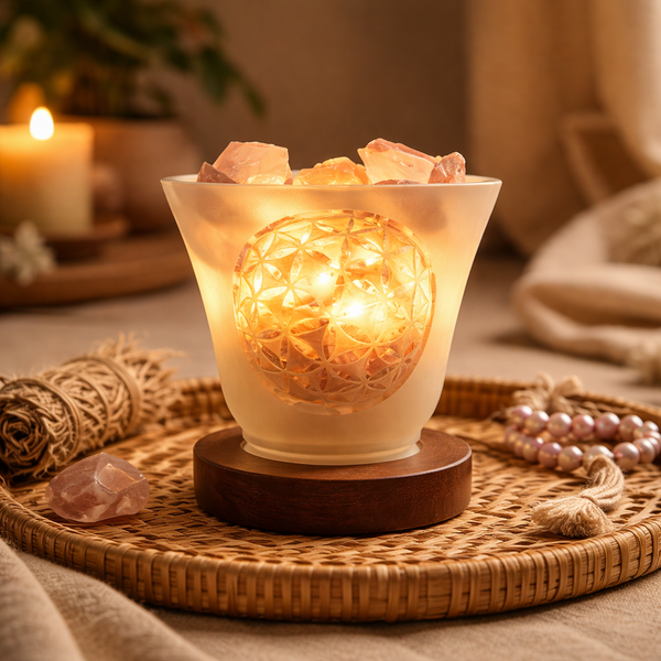 Edelsteenlamp Bloem Des Levens Melkglas Met Snoer En Led Lamp 12x12cm