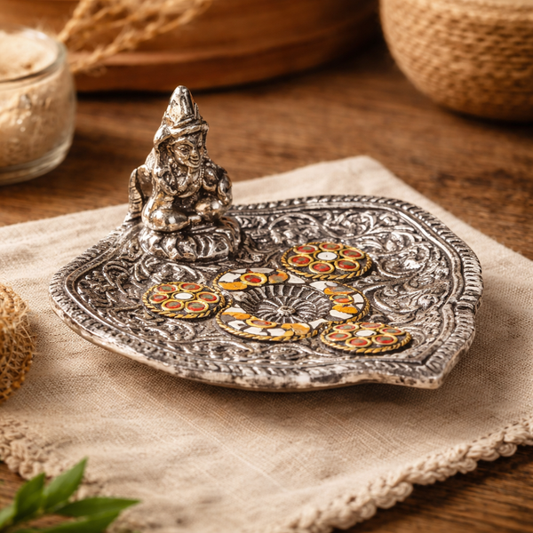 Wierookkegeltjes Brander Ganesha Rond Bladvormig Met Kleurige Inleg 11x9x3.5cm