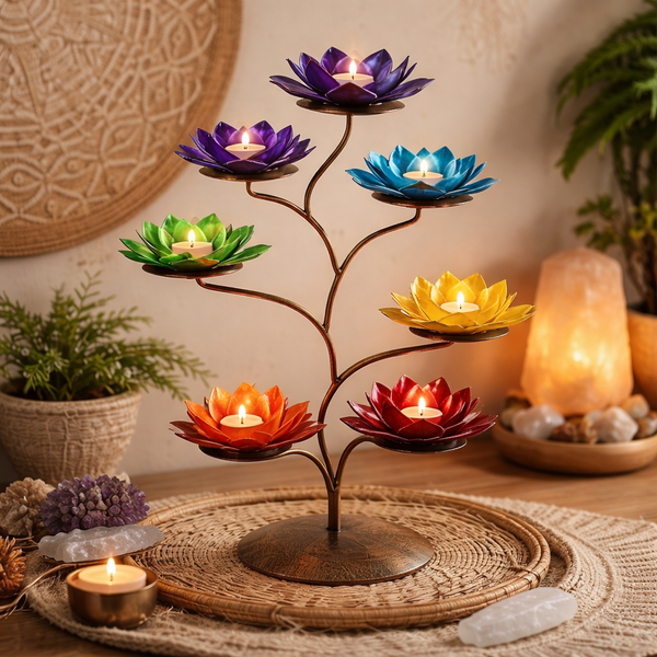 Chakra Lotus Display Metaal Bronskleurig Met 21 Sfeerlichten Zilveren Rand 57x35 cm