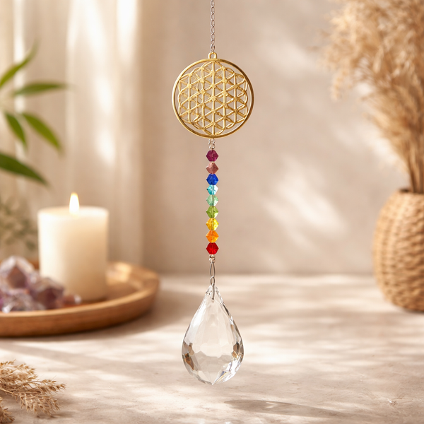 Kristaldruppel Met Chakra Bloem Des Levens Wit