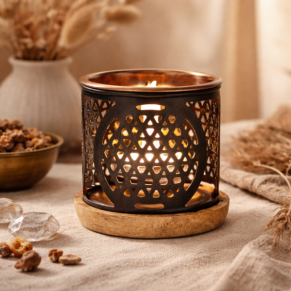 Aromafume Exotic Incense Diffuser Bloem des Levens Smeedijzer Met Koper En Hout
