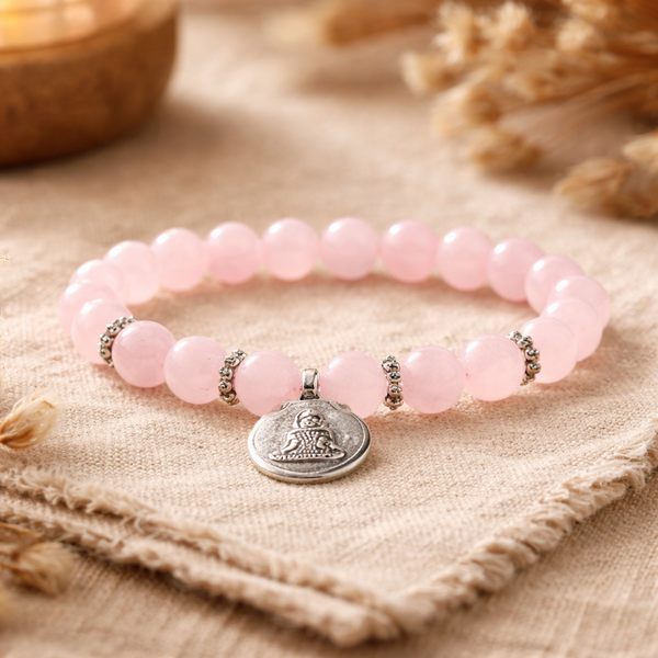 Elastische Mala Armband Met 21 Rozenkwarts Kralen En Boeddha Symbool