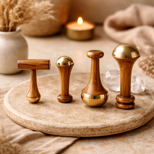 Kansa Ayurvedische Massage Set Met Vier Massagestaven Van Brons En Hout