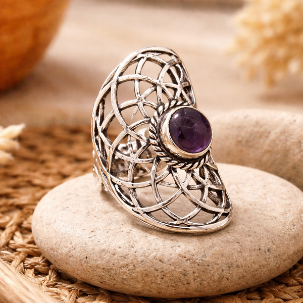 Ring Seed of Life Met Amethist Zilverkleur Ringmaat 19 Verstelbaar