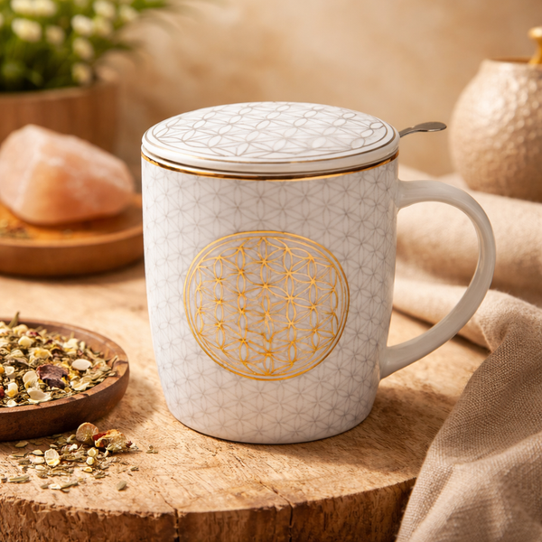 Theemok Set Bloem Des Levens Bone China Porselein Met Deksel En Theezeefje 325 cc