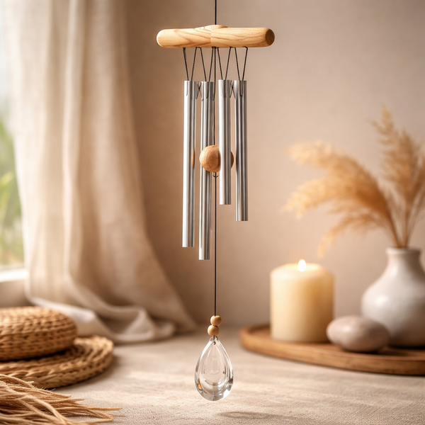 Windorgel Vierkant Metalen Staafjes Houten Klopper Kristal Windvanger