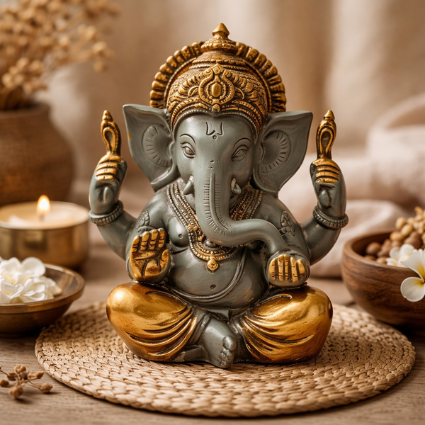 Ganesha Met Grote Oren Messing Grijs Met Goudkleurige Finish 14 cm