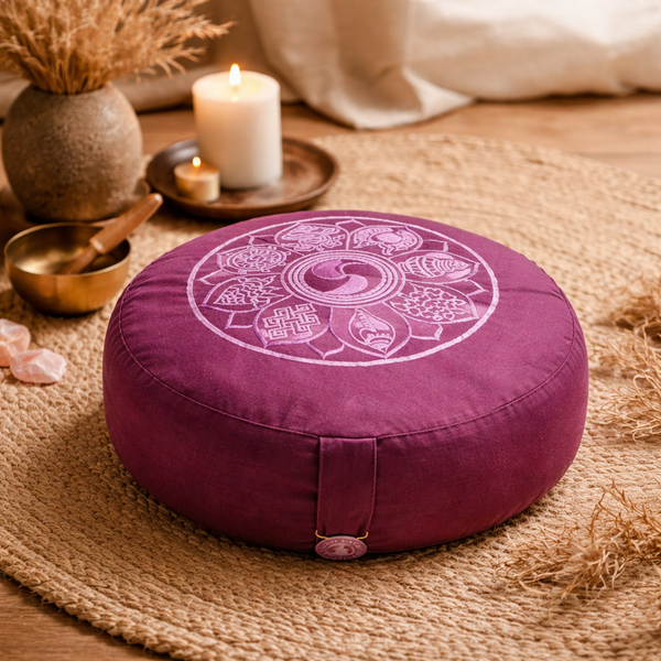 Meditatiekussen Yogi & Yogini Rond Katoen Aubergine 33 x 16 cm 8 Symbolen Boekweitdoppen