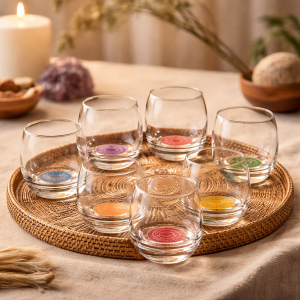 Mythos 7 Chakra Drinkglazen Met Chakrasymbool En Tekst Van Loodvrij Glas