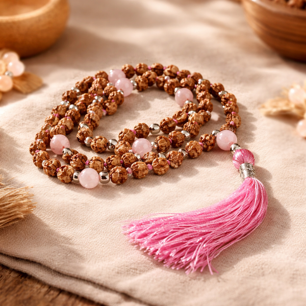 Mala Rudraksha En Rozenkwarts Met Roze Kwast