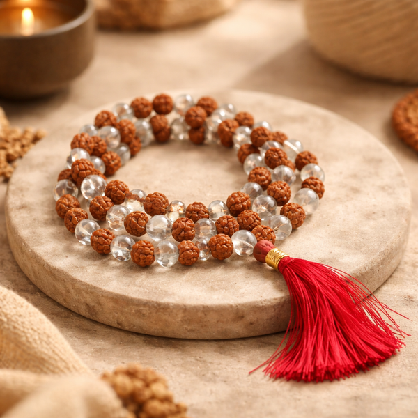 Mala Bergkristal Rudraksha 108 Kralen Met Tasje