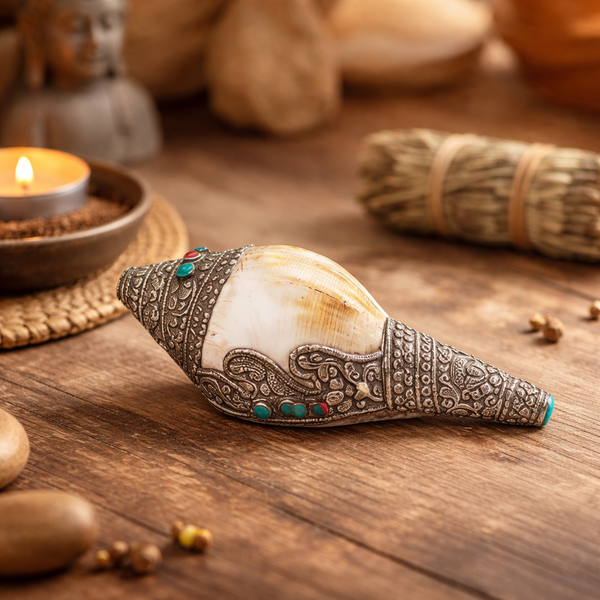 Trompetschelp Ritueel Met Metaaldecoratie Wit Puja