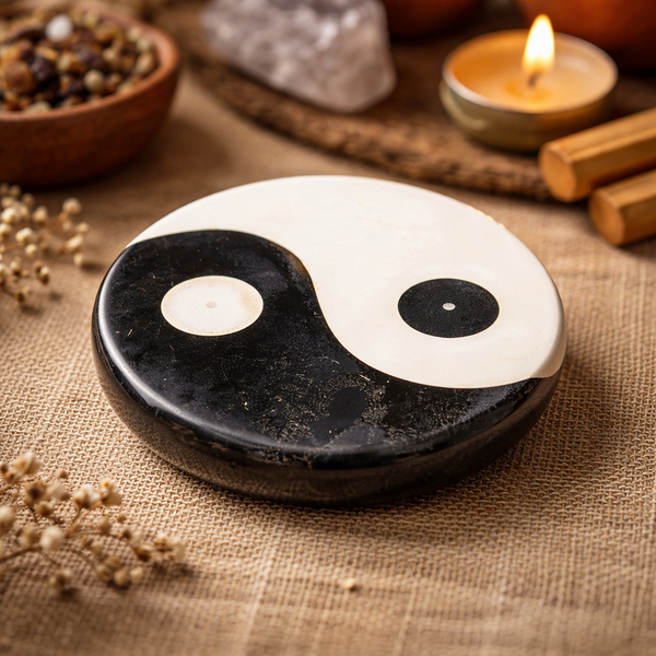 Wierookbrander Yin Yang Taoïsme Gepolijst Zeepsteen Zwart Wit
