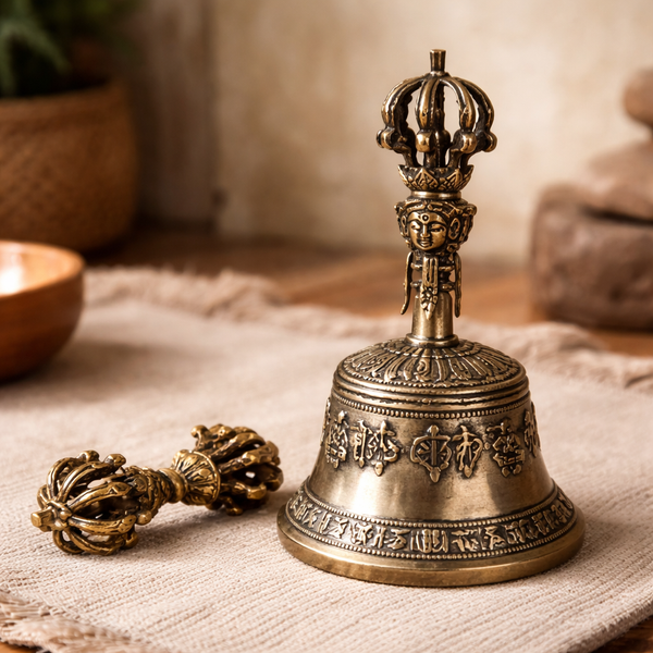 Dorje En Bel Rituele Voorwerpen Van Messing Met Antiek Finish Middelgroot