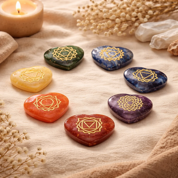 Set Van 7 Hartvormige Chakra Halfedelstenen Met Goudkleurige Gravures