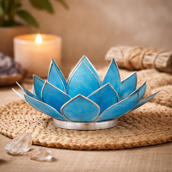 Sfeerlicht Lotus Blauw 5e Chakra Zilverrand Capiz Schelp