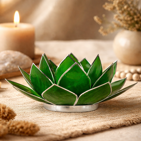 Sfeerlicht Lotus Groen 4e Chakra Zilverrand Capiz Schelp